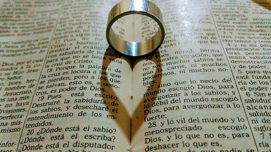 Silver Ring on Open Bible Page with Spanish Text