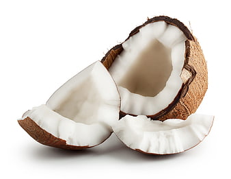 Fresh Coconut Halves and Slices on White Background