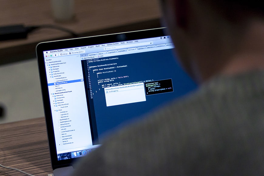 Programmer coding on laptop screen with code editor