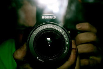 Close-up of Canon EOS 550D Camera Lens Held by Hands
