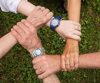 Multi-generational family hands clasped in unity circle