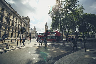 London street scene with Big Ben and red double-decker bus