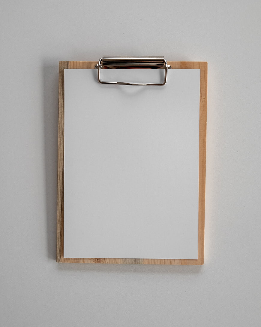 Blank Wooden Clipboard with White Paper on Gray Background