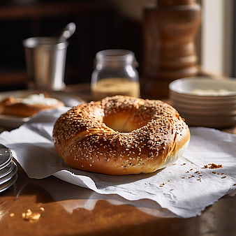 Fresh Sesame Bagel on Wooden Table with Breakfast Spread