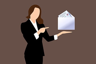 Businesswoman pointing at floating email envelope icon