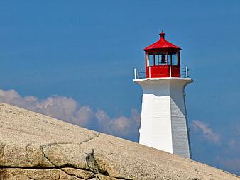 Red and White Lighthouse on Granite Rock Against Blue Sky