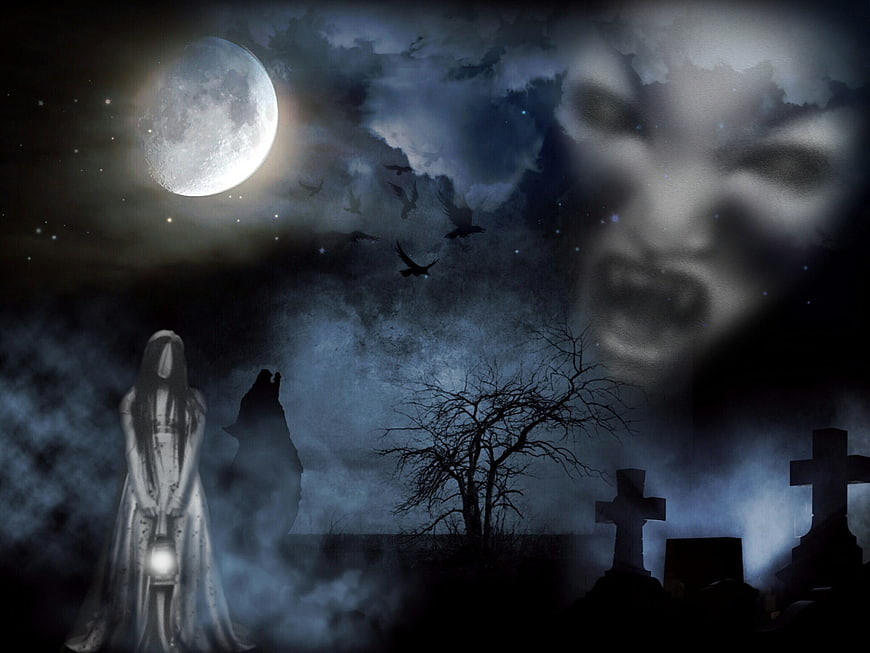 Spooky Halloween Ghost Graveyard Night Scene