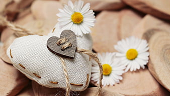 Rustic Fabric Heart with Daisies on Wooden Slices