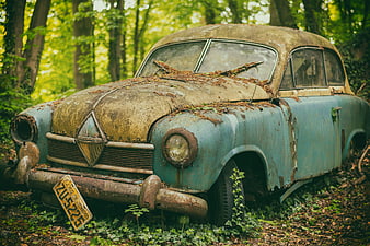 Rusty vintage car abandoned in overgrown forest