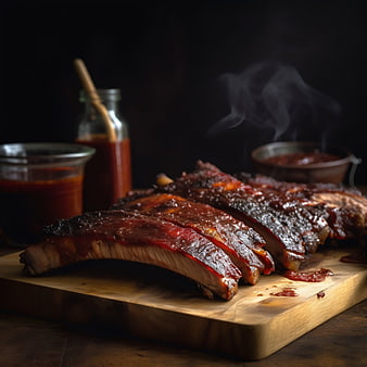 Smoked BBQ Pork Ribs with Sauce on Wooden Board