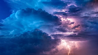 Dramatic Thunderstorm Sky With Purple Lightning And Dark Clouds