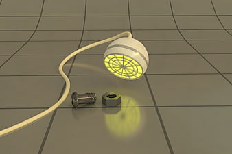 3D Render of Glowing Lamp and Metal Hardware on Grid