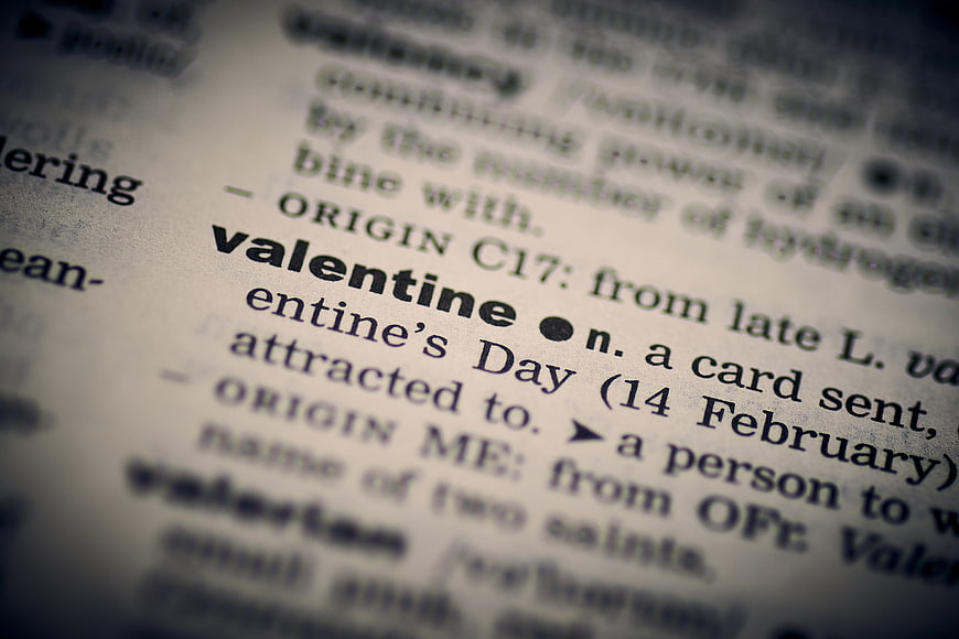 Close-up of Valentine definition in dictionary