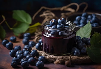 Rustic Blueberry Jam in Glass Jar with Fresh Berries