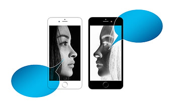 Two smartphones displaying female profiles with blue speech bubbles