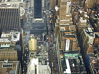 Aerial view of New York City streets and Macy's building