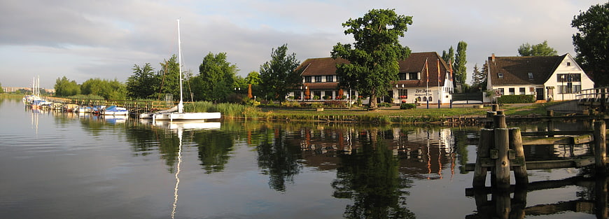 Panoramic view of Wieck harbor in Greifswald with boats and houses