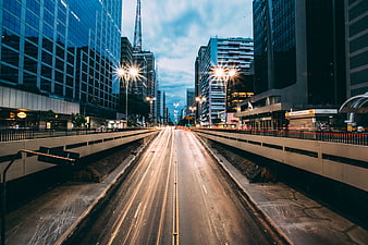 Long Exposure City Street with Light Trails at Dusk