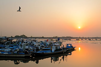 Fishing boats at sunset in Sorae Port, Incheon, Korea