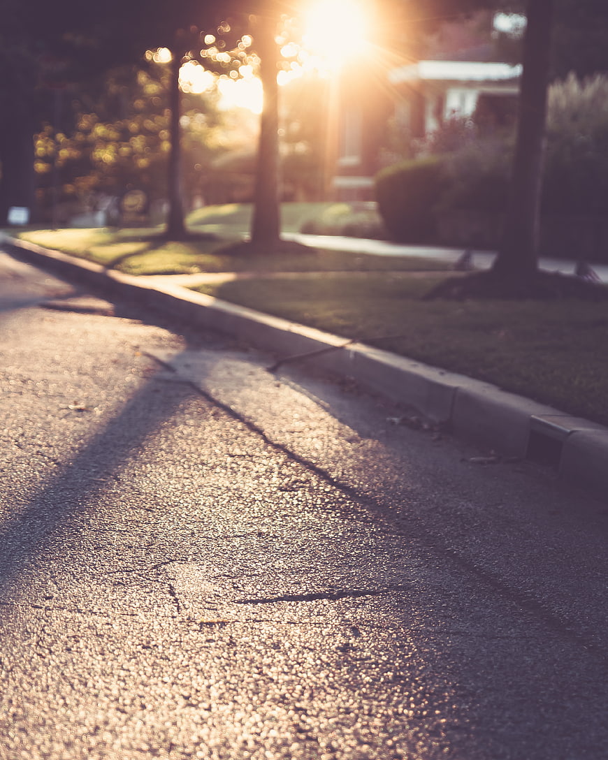 Golden Hour Sunlight on Suburban Asphalt Road