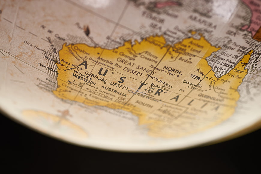 Close-up of Australia on a Vintage Globe Map