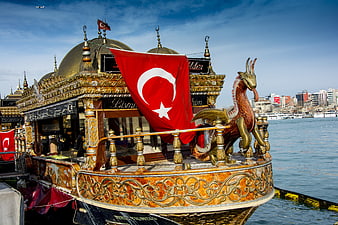 Ornate Turkish Traditional Boat with Dragon Figurehead on Bosphorus