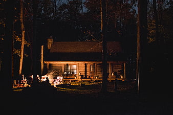 Cozy Log Cabin at Night with Bonfire and Friends