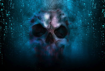 Eerie Blue Skull Behind Cracked Glass with Water Droplets