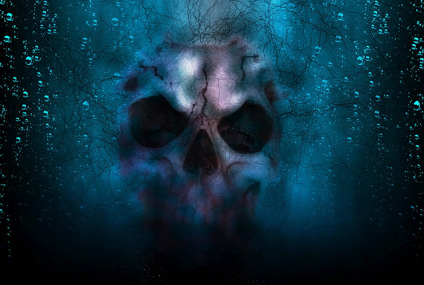 Eerie Blue Skull Behind Cracked Glass with Water Droplets