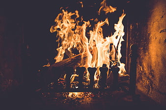 Cozy fireplace with burning wood logs and warm flames