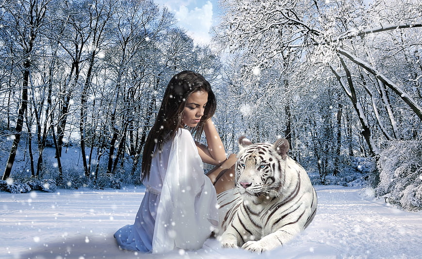 Woman in white dress sitting with white tiger in snowy winter forest