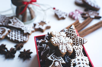 Traditional Christmas gingerbread cookies in a red box