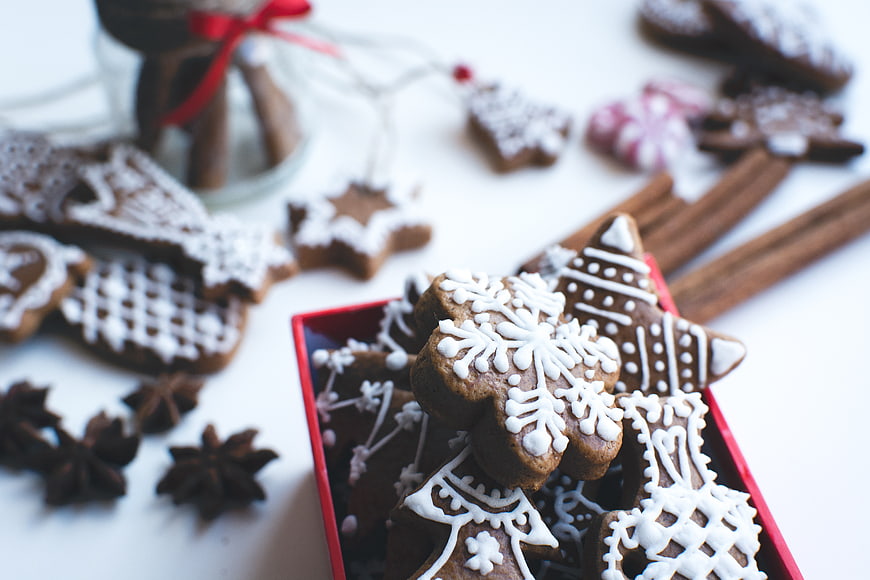 Traditional Christmas gingerbread cookies in a red box