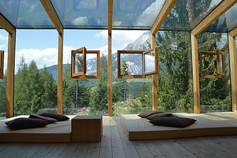 Modern Glass Pavilion Interior With Mountain View