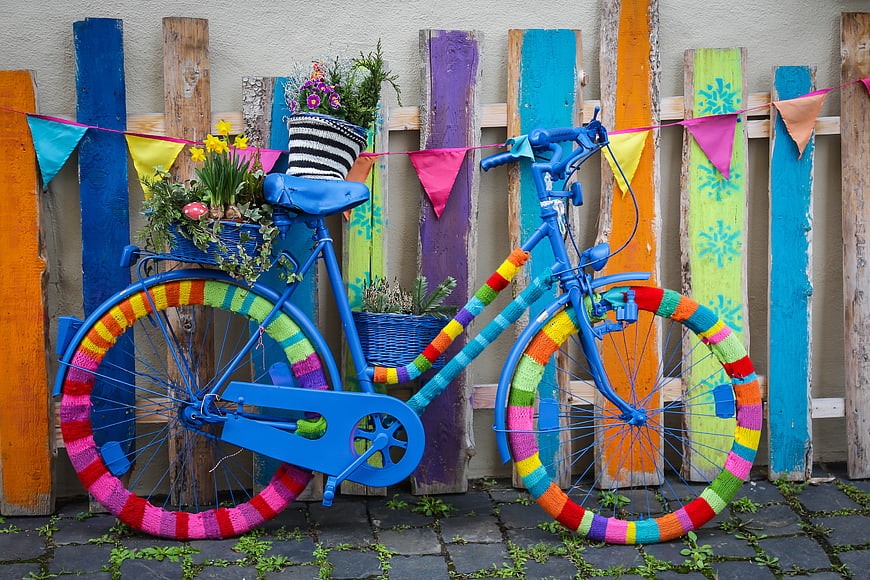 Colorful Knitted Bicycle with Spring Flowers