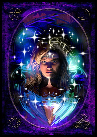 Mystical Androgynous Witch Portrait with Magic Symbols