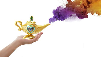 Hand holding golden magic lamp with colorful smoke on white background