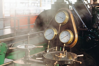 Vintage Steam Engine Gauges and Levers with Atmospheric Smoke