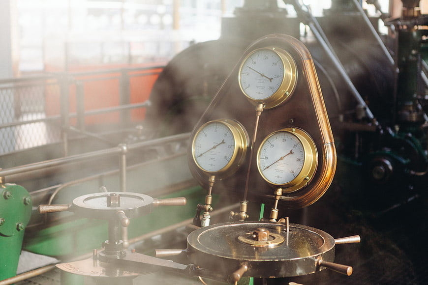 Vintage Steam Engine Gauges and Levers with Atmospheric Smoke
