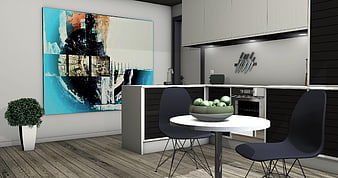 Modern Kitchen Interior 3D Rendering With Abstract Art And Dining Table