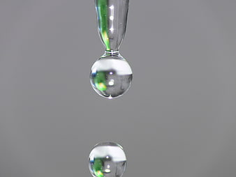 Macro shot of clear water droplets falling from a glass pipette