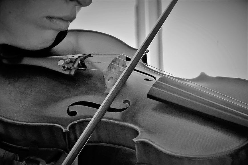 Close-up of Violinist Playing Violin in Black and White