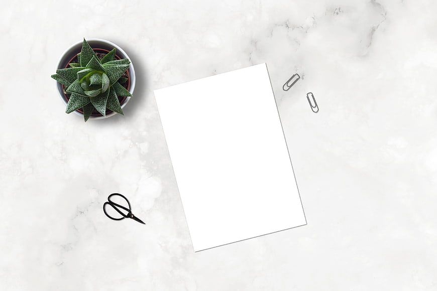 Minimalist White Paper Mockup With Succulent, Scissors, And Paperclips On Marble