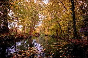 Autumnal River Landscape With Reflections And Small Boat