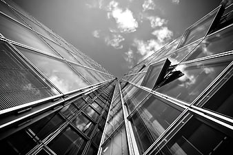 Black and white low angle view of modern glass skyscrapers