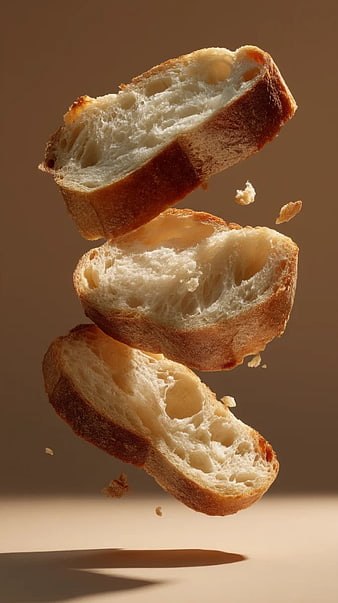Floating Slices of Fresh Baguette Bread