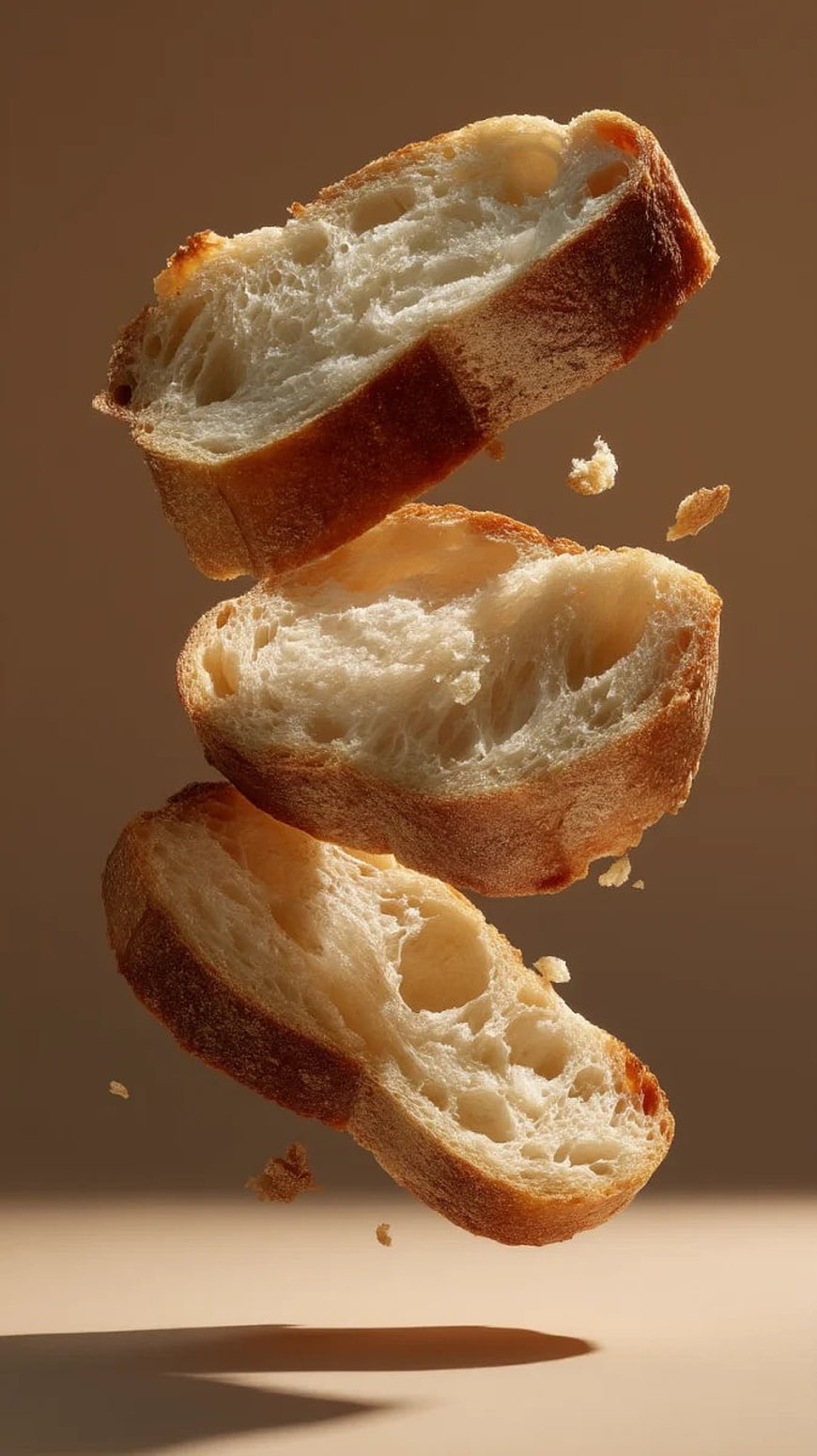 Floating Slices of Fresh Baguette Bread