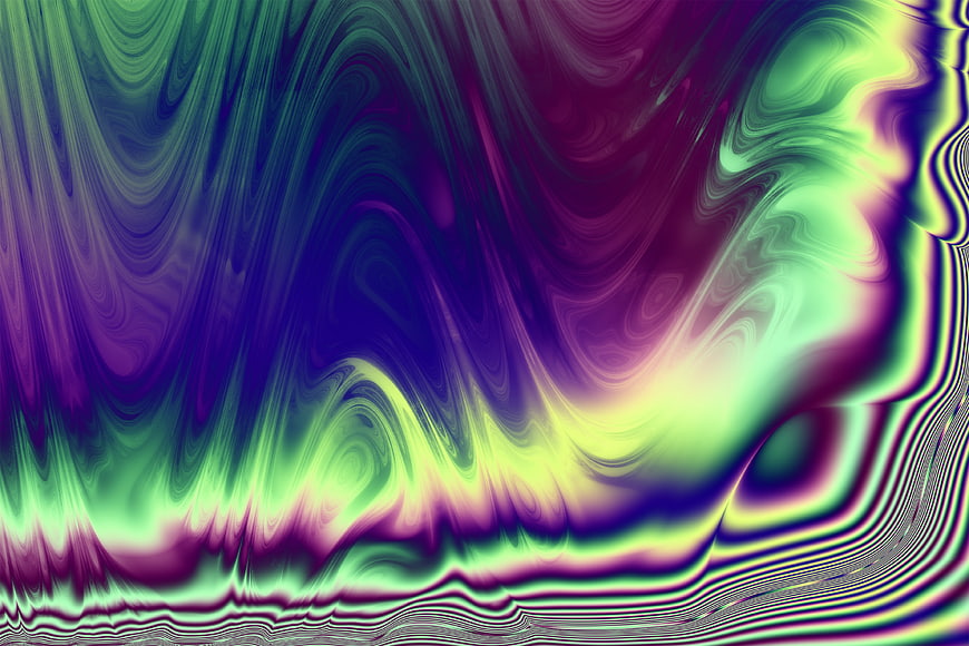 Abstract Digital Fractal Art with Swirling Green and Purple Patterns