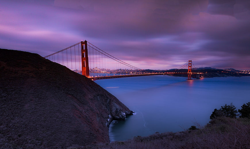 Golden Gate Bridge at Twilight with Purple Sky