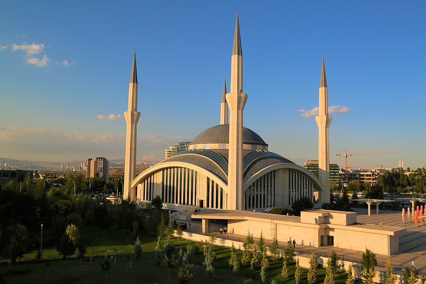 Modern Mosque with Minarets and Blue Sky